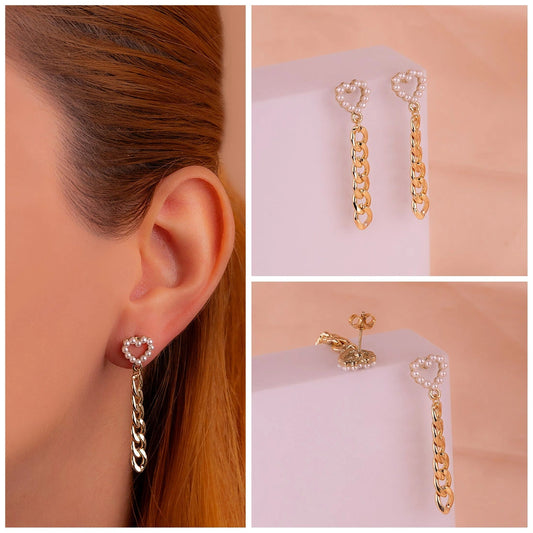 Aretes Corazones Perlas Cadenas