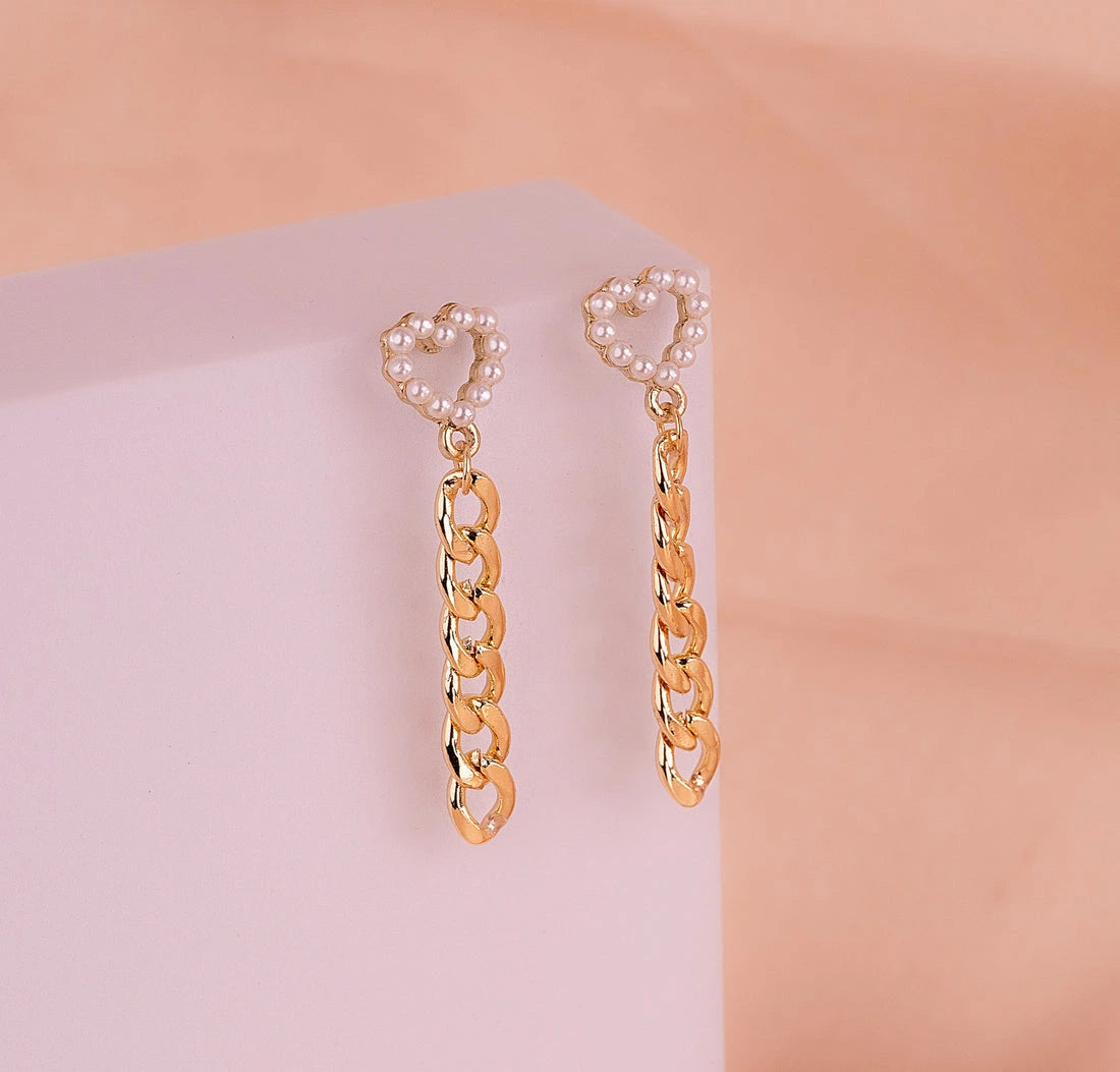 Aretes Corazones Perlas Cadenas